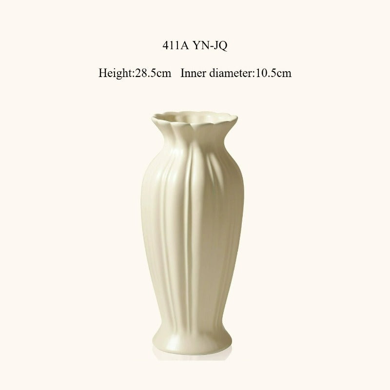 Fluted Ceramic Vase, Cream Vintage Minimalist Vessel for Dining & Living Room Flower Decor