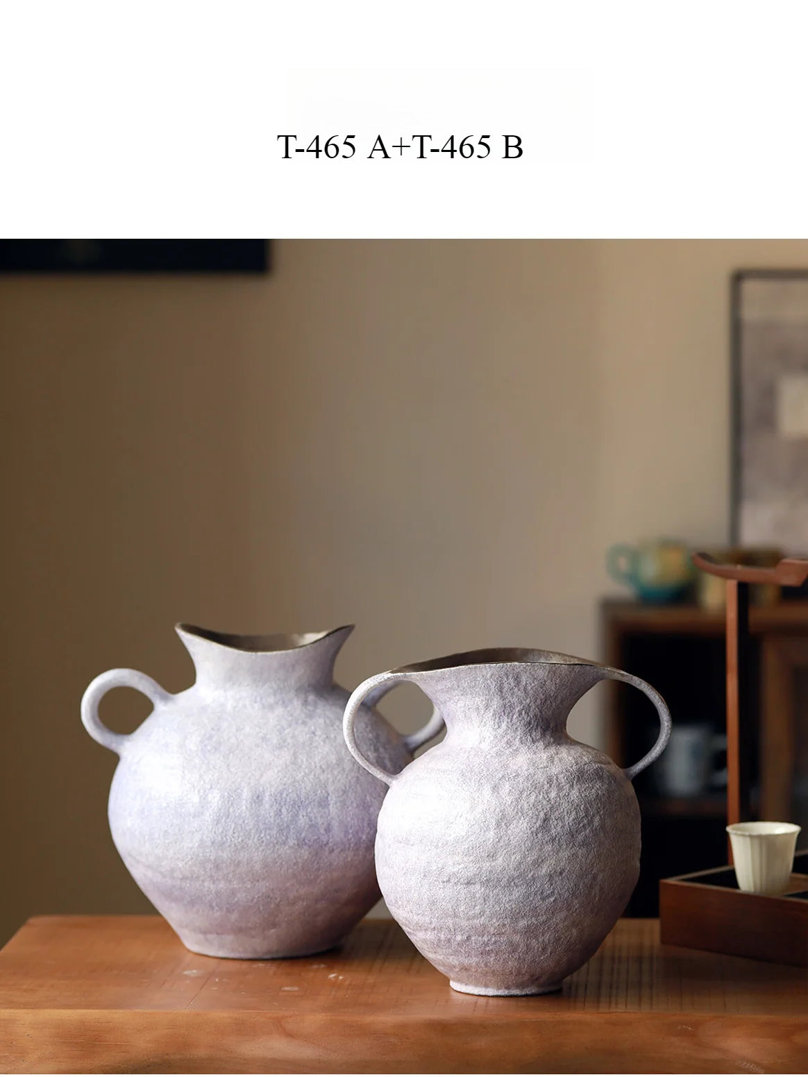 Wabi Sabi Double Handle Lavender Ceramic Vase, Minimalist Neo Chinese Tabletop Flower Vessel