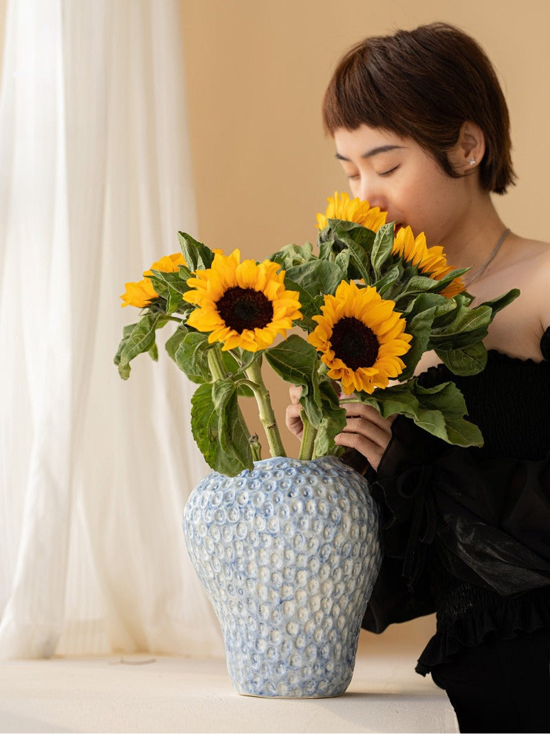 Blue Strawberry Textured Neo Chinese Ceramic Vase, Modern TV Console & Entryway Hydroponic Decor