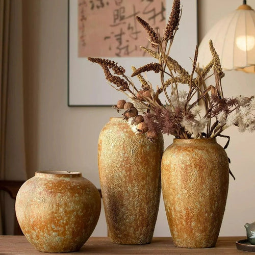 Textured Terracotta Vase, Jingdezhen Wabi‑Sabi Ceramic Pot for Dried & Water Flowers