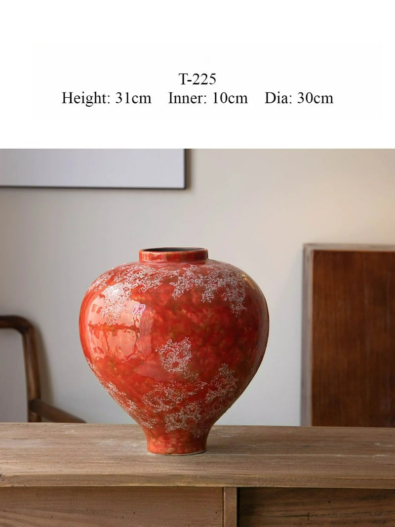 Red Chinese Ceramic Vase Retro National Style Dual-use Floral Vessel for Dried & Fresh Flower Table Decor