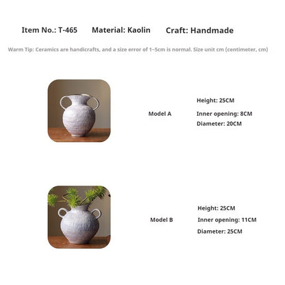 Wabi Sabi Double Handle Lavender Ceramic Vase, Minimalist Neo Chinese Tabletop Flower Vessel