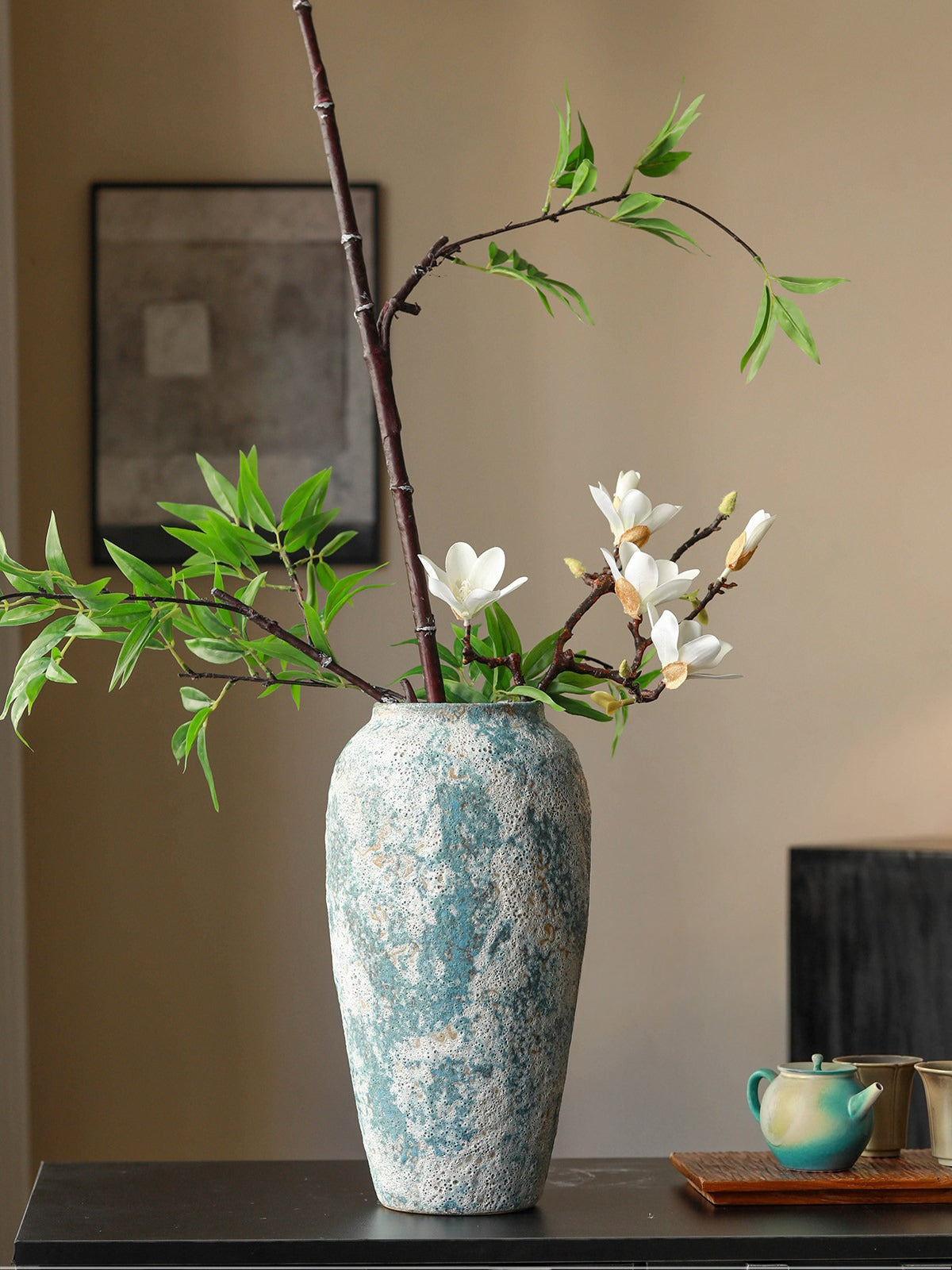 Rustic Blue Ceramic Vase Jingdezhen Wabi Sabi Floral Vessel for Homestay Tea Room Table Decor