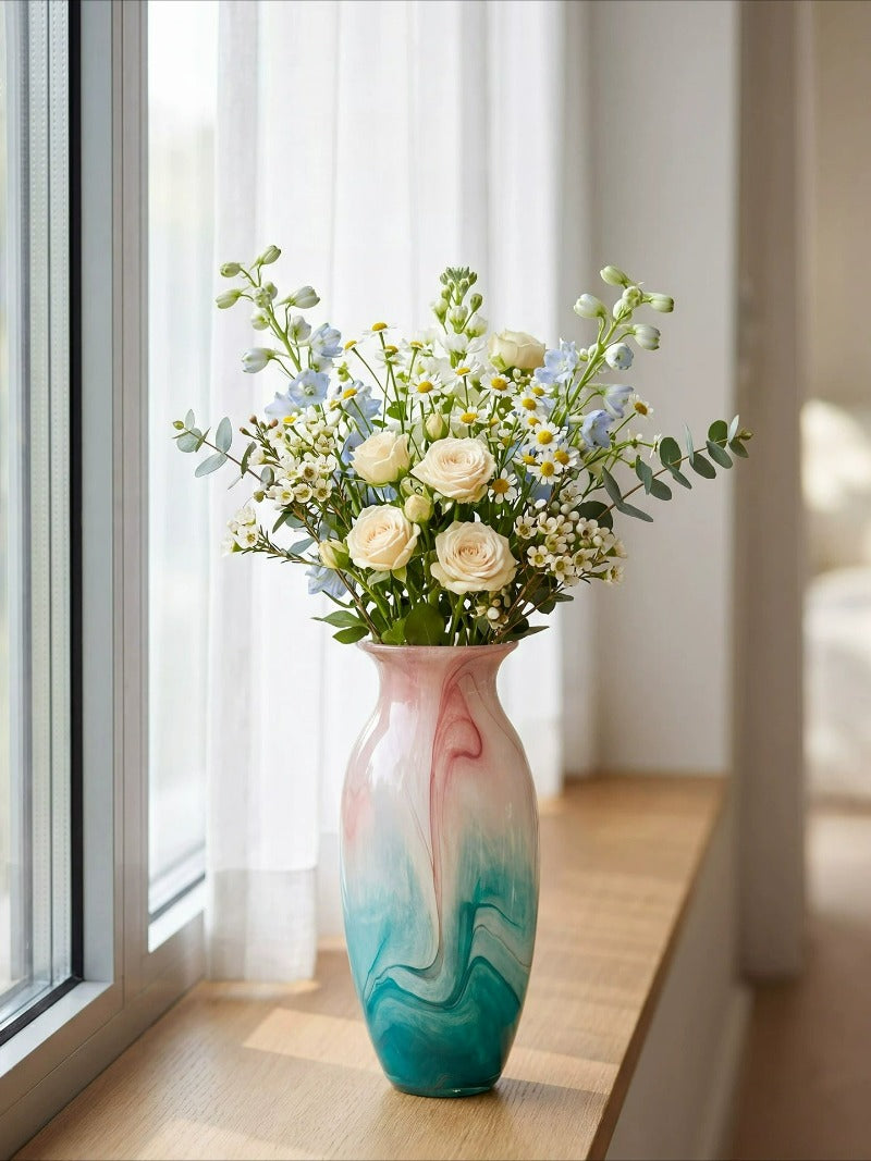 Swirl Glass Vase, Gradient Blown Glass Vessel for Living & Dining Table Floral Decor