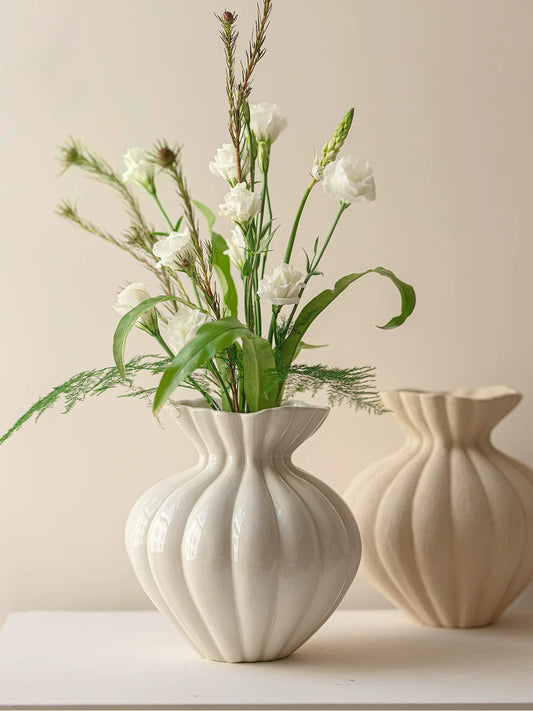 White Ribbed Vase, Jingdezhen Wabi‑Sabi Ceramic Vase for Table Decor