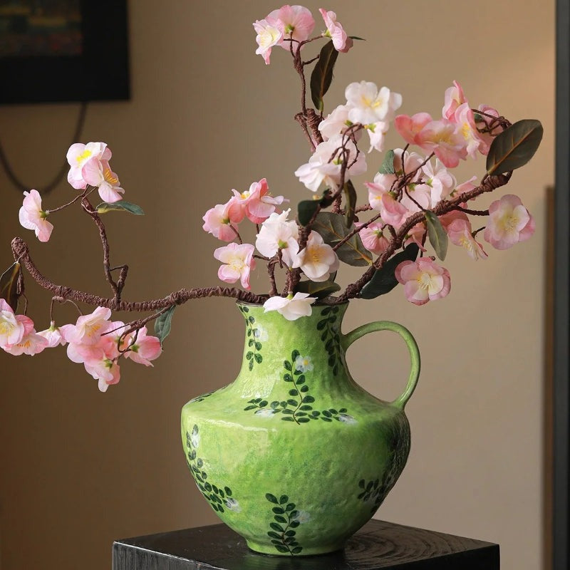 New Chinese Wabi-Sabi Painted Floral Vase with Single Handle – Hydroponic Flower Arrangement for Living Room & Study Decor