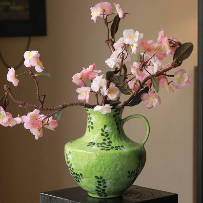 New Chinese Wabi-Sabi Painted Floral Vase with Single Handle – Hydroponic Flower Arrangement for Living Room & Study Decor