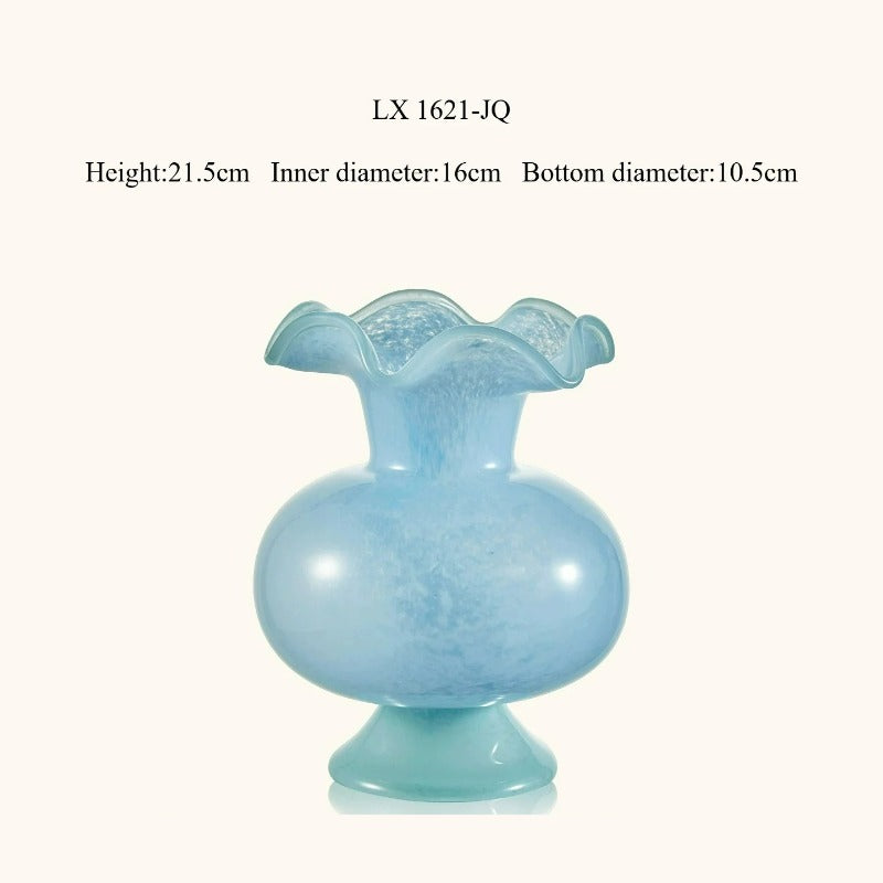 French Blue Mid Century Glass Vase Vintage Aesthetic Flower Vase Modern Living Room Home Decor Ornament