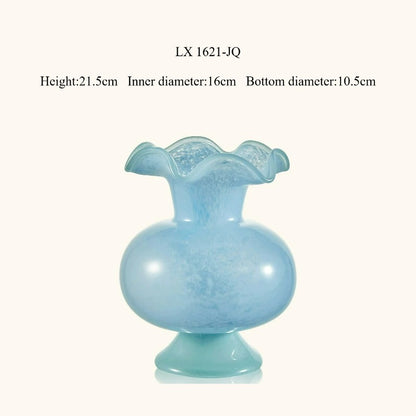 French Blue Mid Century Glass Vase Vintage Aesthetic Flower Vase Modern Living Room Home Decor Ornament