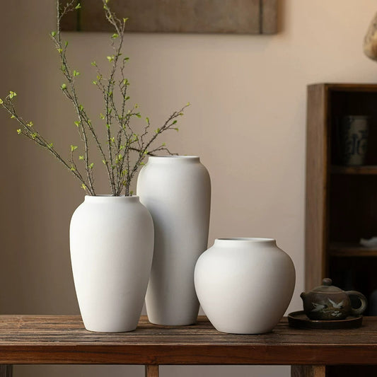 Matte White Vase, New Chinese Wabi‑Sabi Ceramic Vase for Dried Flowers