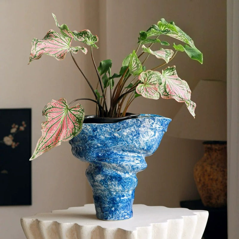 Blue Art Ceramic Vase, Large Opening Nordic Ins Style Table Flower Vessel