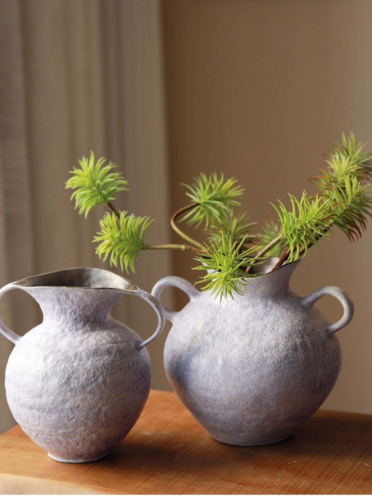 Wabi Sabi Double Handle Lavender Ceramic Vase, Minimalist Neo Chinese Tabletop Flower Vessel