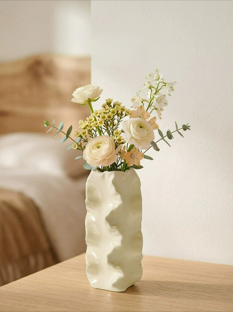 Ruffled Ceramic Vase, French Retro Cream Textured Vessel for Artistic Flower Decor