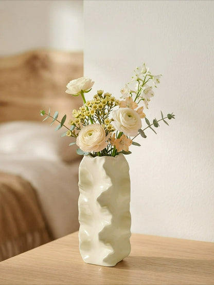 Ruffled Ceramic Vase, French Retro Cream Textured Vessel for Artistic Flower Decor