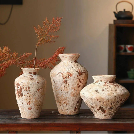 Vintage Distressed Wabi Sabi Zen Rough Pottery Vase Dried Flower Decor for Home Homestay Teahouse