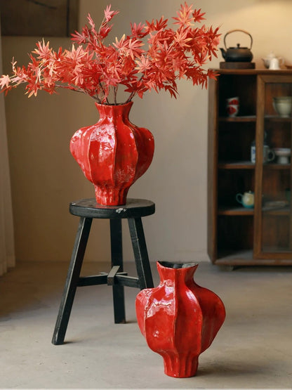 Textured Red Ceramic Vase Wabi Sabi Classical Floral Vessel for Hotel Homestay New Year Decor