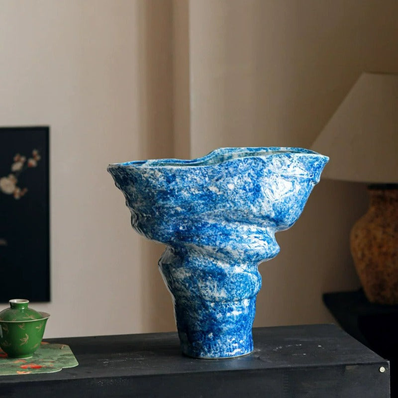 Blue Art Ceramic Vase, Large Opening Nordic Ins Style Table Flower Vessel