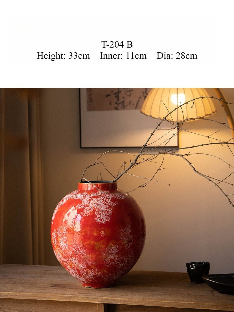 Red Chinese Ceramic Vase Retro National Style Dual-use Floral Vessel for Dried & Fresh Flower Table Decor