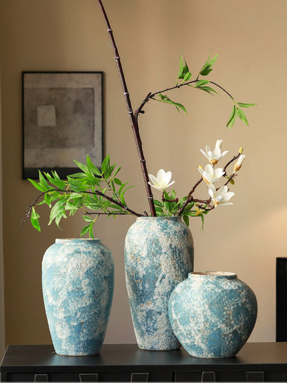 Rustic Blue Ceramic Vase Jingdezhen Wabi Sabi Floral Vessel for Homestay Tea Room Table Decor