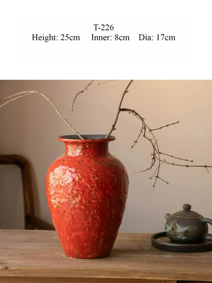 Red Chinese Ceramic Vase Retro National Style Dual-use Floral Vessel for Dried & Fresh Flower Table Decor