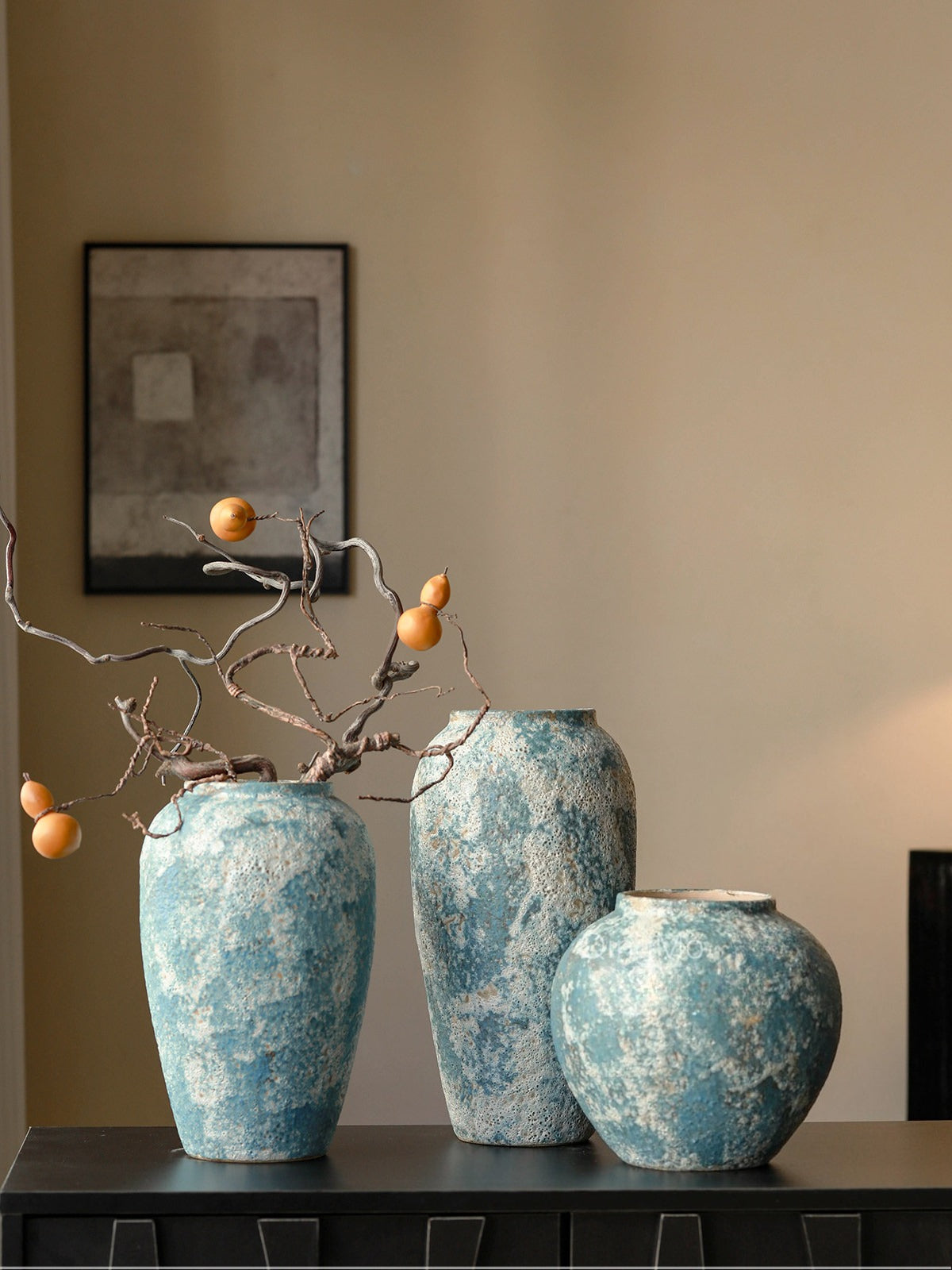 Rustic Blue Ceramic Vase Jingdezhen Wabi Sabi Floral Vessel for Homestay Tea Room Table Decor