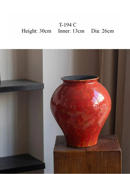 Red Chinese Ceramic Vase Retro National Style Dual-use Floral Vessel for Dried & Fresh Flower Table Decor