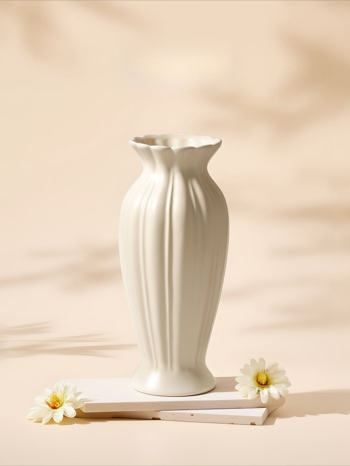 Fluted Ceramic Vase, Cream Vintage Minimalist Vessel for Dining & Living Room Flower Decor