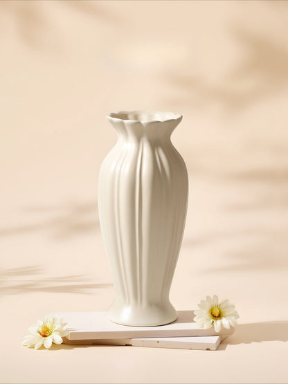 Fluted Ceramic Vase, Cream Vintage Minimalist Vessel for Dining & Living Room Flower Decor