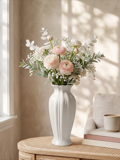 Fluted Ceramic Vase, Cream Vintage Minimalist Vessel for Dining & Living Room Flower Decor