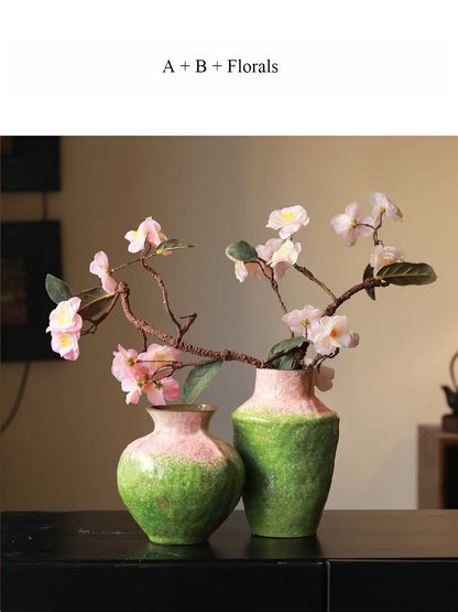 Chinese Aesthetic Gradient Green Ceramic Vase Fresh Floral Vessel for Tea Room Living Room Decor
