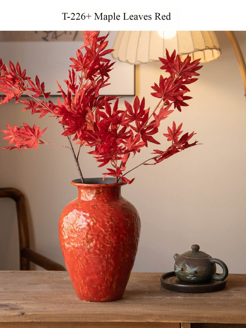 Red Chinese Ceramic Vase Retro National Style Dual-use Floral Vessel for Dried & Fresh Flower Table Decor