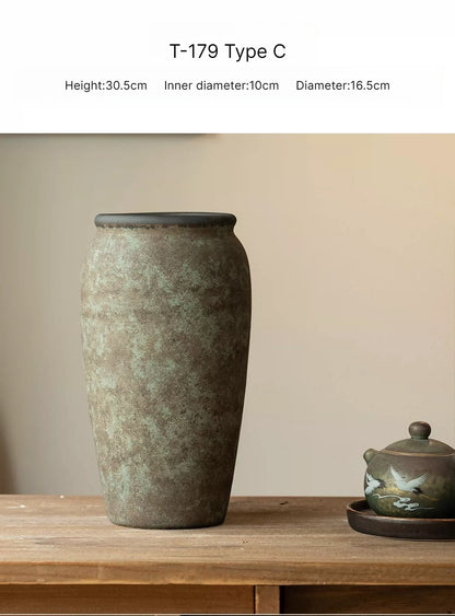 Antique Clay Pot Vase, New Chinese Wabi‑Sabi Ceramic Vase for Dried Flowers