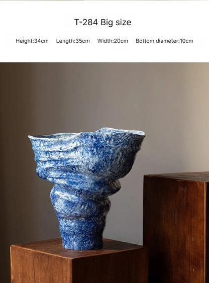 Blue Art Ceramic Vase, Large Opening Nordic Ins Style Table Flower Vessel