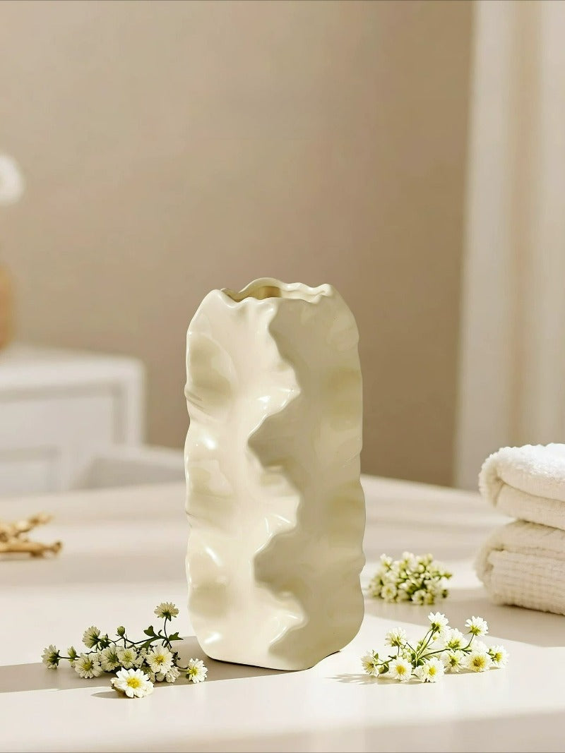 Ruffled Ceramic Vase, French Retro Cream Textured Vessel for Artistic Flower Decor