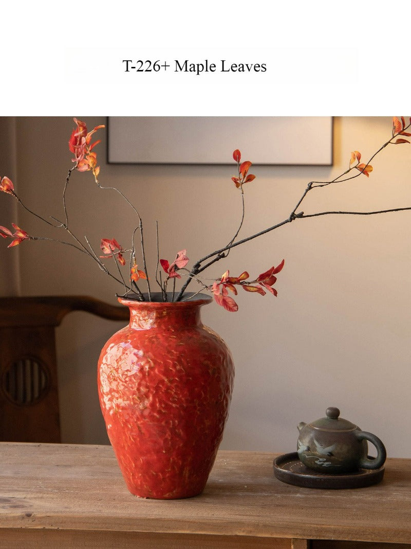 Red Chinese Ceramic Vase Retro National Style Dual-use Floral Vessel for Dried & Fresh Flower Table Decor