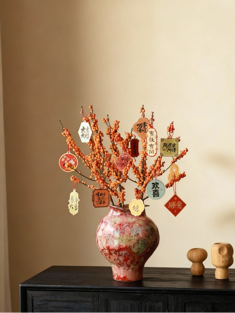 Red Hand Painted Chinese Ceramic Vase, Classical Tabletop Decor for Living & Dining Room