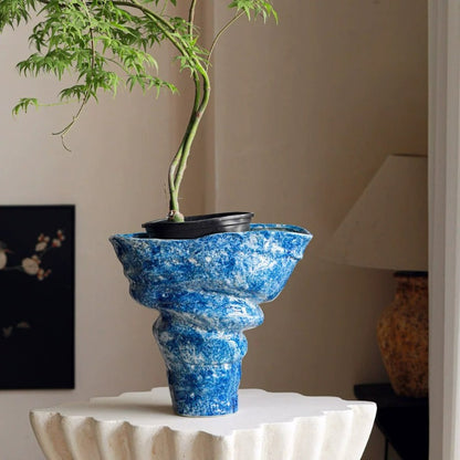 Blue Art Ceramic Vase, Large Opening Nordic Ins Style Table Flower Vessel