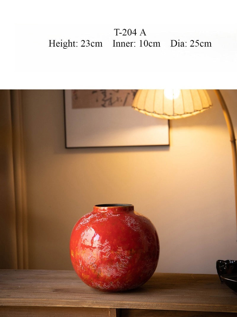 Red Chinese Ceramic Vase Retro National Style Dual-use Floral Vessel for Dried & Fresh Flower Table Decor