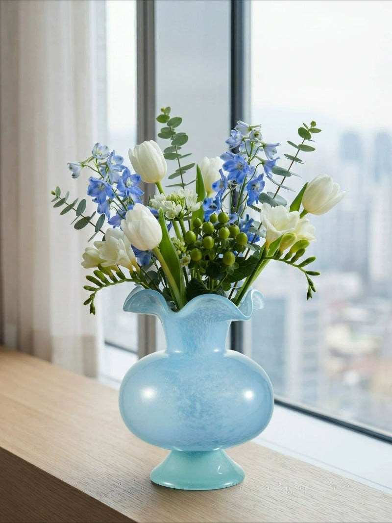 French Blue Mid Century Glass Vase Vintage Aesthetic Flower Vase Modern Living Room Home Decor Ornament