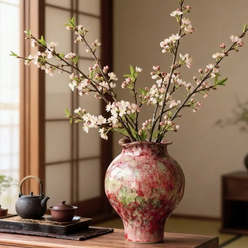 Red Hand Painted Chinese Ceramic Vase, Classical Tabletop Decor for Living & Dining Room