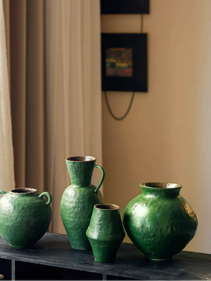 Chinese Zen Green Retro Ceramic Vase Hydroponic Flower Arrangement Ornament for Living Room Homestay Hotel Home Decor