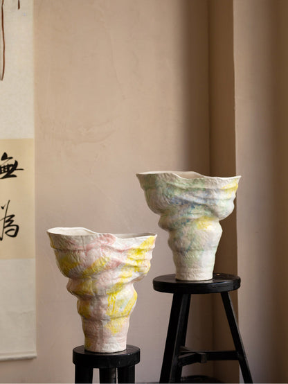 Pastel Hand Painted Ceramic Vase Minimalist French New Chinese Wabi Sabi Floral Decor Vessel