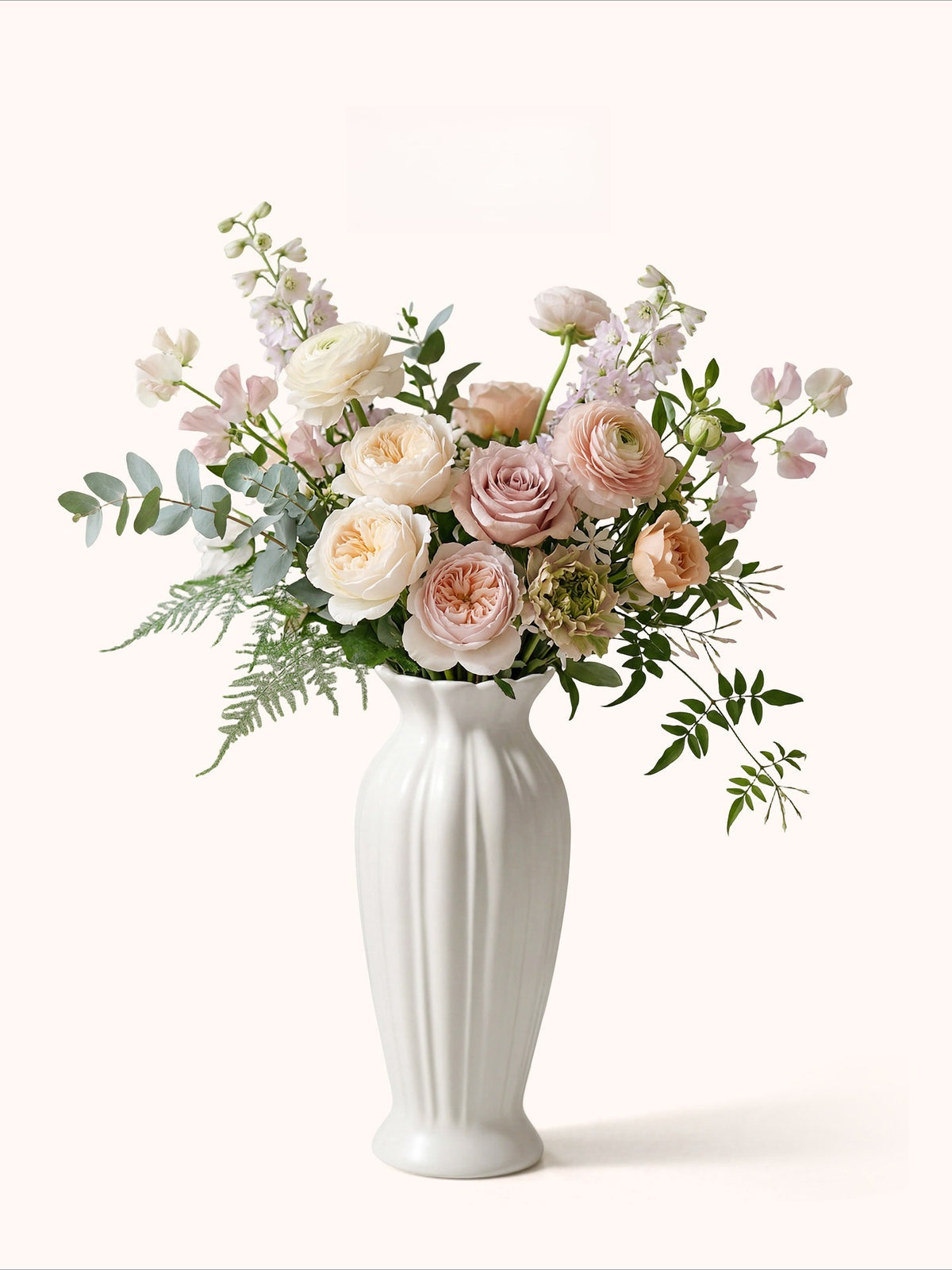 Fluted Ceramic Vase, Cream Vintage Minimalist Vessel for Dining & Living Room Flower Decor