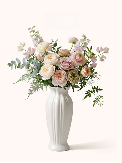 Fluted Ceramic Vase, Cream Vintage Minimalist Vessel for Dining & Living Room Flower Decor