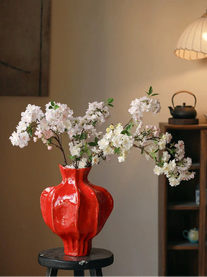 Textured Red Ceramic Vase Wabi Sabi Classical Floral Vessel for Hotel Homestay New Year Decor
