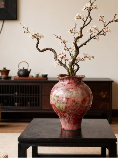 Red Hand Painted Chinese Ceramic Vase, Classical Tabletop Decor for Living & Dining Room