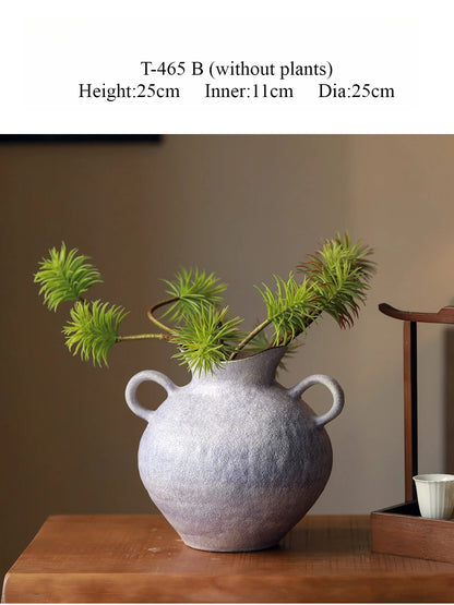 Wabi Sabi Double Handle Lavender Ceramic Vase, Minimalist Neo Chinese Tabletop Flower Vessel
