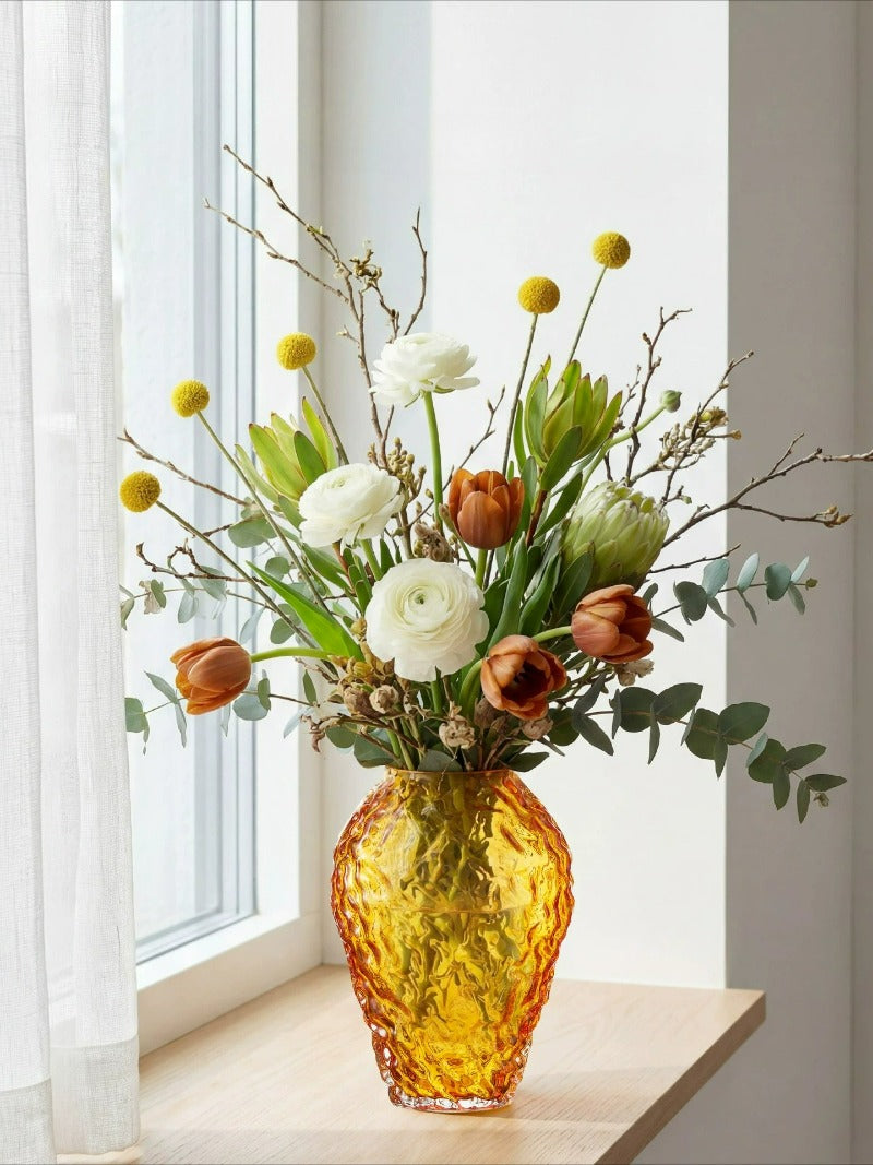 Amber Glass Vase, Luxury Hammered‑Texture Glass Vessel for Living Room Floral Decor