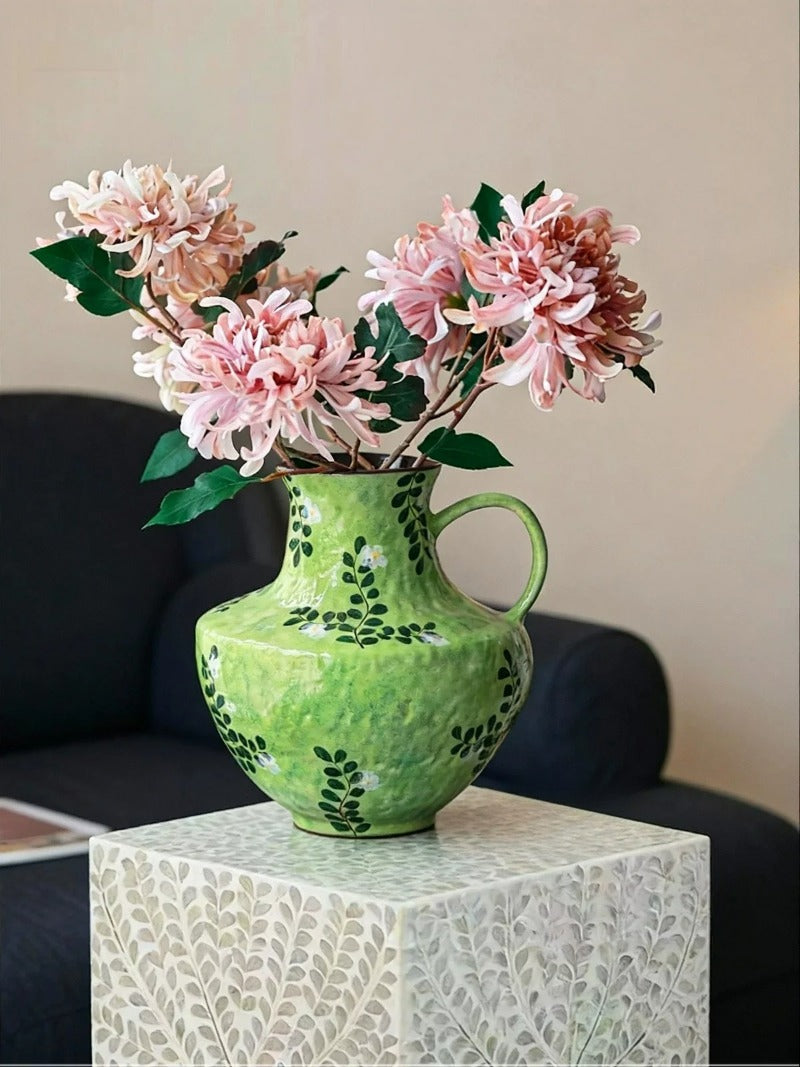 New Chinese Wabi-Sabi Painted Floral Vase with Single Handle – Hydroponic Flower Arrangement for Living Room & Study Decor