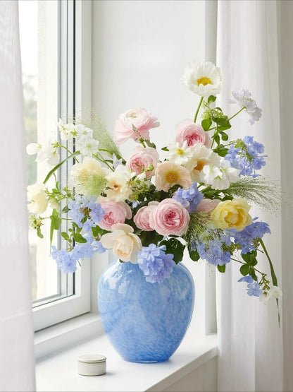Blue Retro Glass Vase High End Aesthetic Hydroponic Fresh Flower Vase for Living Room Desktop Home Decor